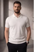 Erkek Açık Yaka Düz Triko Tişört Beyaz Cd167