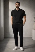Erkek Açık Yaka Düz Triko Tişört Siyah Cd167