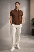 Erkek Açık Yaka Desenli Triko Tişört Kahverengi Cd162