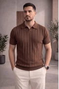 Erkek Açık Yaka Desenli Triko Tişört Kahverengi Cd162