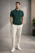 Erkek Açık Yaka Desenli Triko Tişört Yeşil Cd162