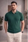Erkek Açık Yaka Desenli Triko Tişört Yeşil Cd162
