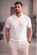 Erkek Açık Yaka Desenli Triko Tişört Beyaz Cd162