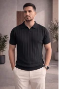 Erkek Açık Yaka Desenli Triko Tişört Siyah Cd162