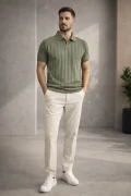 Erkek Açık Yaka Desenli Triko Tişört Açık Yeşil Cd162