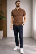Erkek Polo Yaka Düz Triko Tişört Kahverengi Cd173
