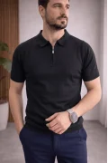 Erkek Polo Yaka Düz Triko Tişört Siyah Cd173