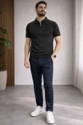 Erkek Polo Yaka Düz Triko Tişört Siyah Cd173