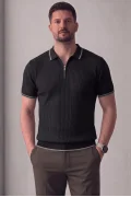 Erkek Polo Yaka Çizgili Tişört Siyah Cd177
