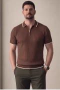 Erkek Polo Yaka Çizgili Tişört Kahverengi Cd177