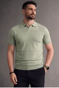 Erkek Açık Yaka Bloklu Triko Tişört Açık Yeşil Cd174
