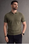 Erkek Açık Yaka Bloklu Triko Tişört Haki Cd174