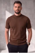 Erkek Düz Bisiklet Yaka Triko Tişört Kahverengi Cd169