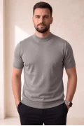 Erkek Düz Bisiklet Yaka Triko Tişört Gri Cd169