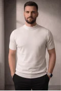 Erkek Düz Bisiklet Yaka Triko Tişört Beyaz Cd169