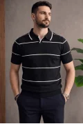 Erkek Açık Yaka Çizgili Triko Tişört Siyah Cd151