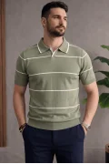 Erkek Açık Yaka Çizgili Triko Tişört Açık Yeşil Cd151