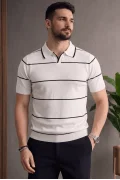 Erkek Açık Yaka Çizgili Triko Tişört Beyaz Cd151