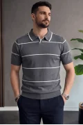 Erkek Açık Yaka Çizgili Triko Tişört Füme Cd151