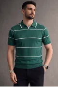 Erkek Açık Yaka Çizgili Triko Tişört Yeşil Cd151