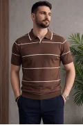 Erkek Açık Yaka Çizgili Triko Tişört Kahverengi Cd151