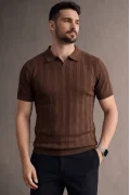 Erkek Açık Yaka Triko Tişört Kahverengi Cd103