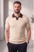 Erkek Yaka Desenli Triko Tişört Krem Cd165