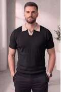 Erkek Yaka Desenli Triko Tişört Siyah Cd165