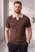 Erkek Yaka Desenli Triko Tişört Kahverengi Cd165