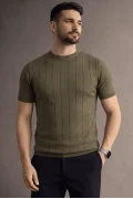 Erkek Bisiklet Yaka Çizgili Triko Tişört Yeşil Cd163