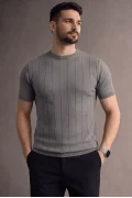 Erkek Bisiklet Yaka Çizgili Triko Tişört Antrasit Cd163