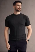 Erkek Bisiklet Yaka Çizgili Triko Tişört Siyah Cd163