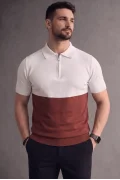 Erkek Çift Renkli Polo Yaka Tişört Beyaz-Kiremit Cd178