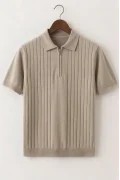 Erkek Çizgi Desenli Polo Yaka Triko Tişört Vizon Cd168
