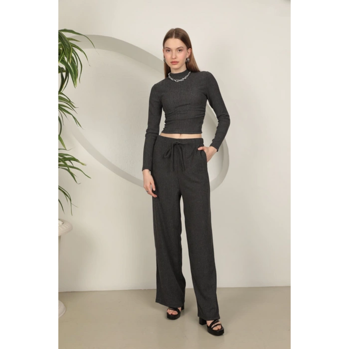 Babua Bürümcük Kumaş Croplu Kadın Takım-Antrasit