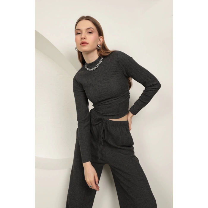 Babua Bürümcük Kumaş Croplu Kadın Takım-Antrasit