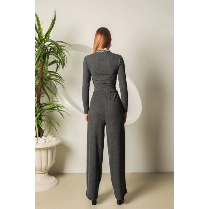 Babua Bürümcük Kumaş Croplu Kadın Takım-Antrasit