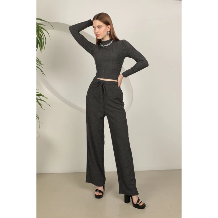 Babua Bürümcük Kumaş Croplu Kadın Takım-Antrasit