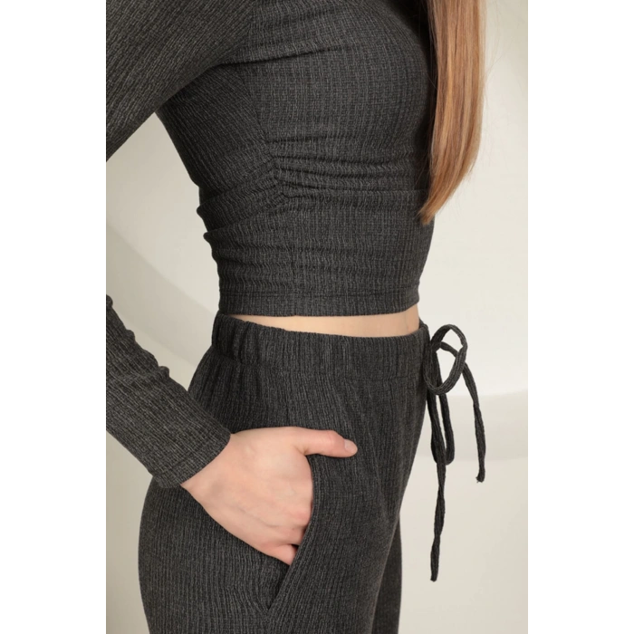 Babua Bürümcük Kumaş Croplu Kadın Takım-Antrasit