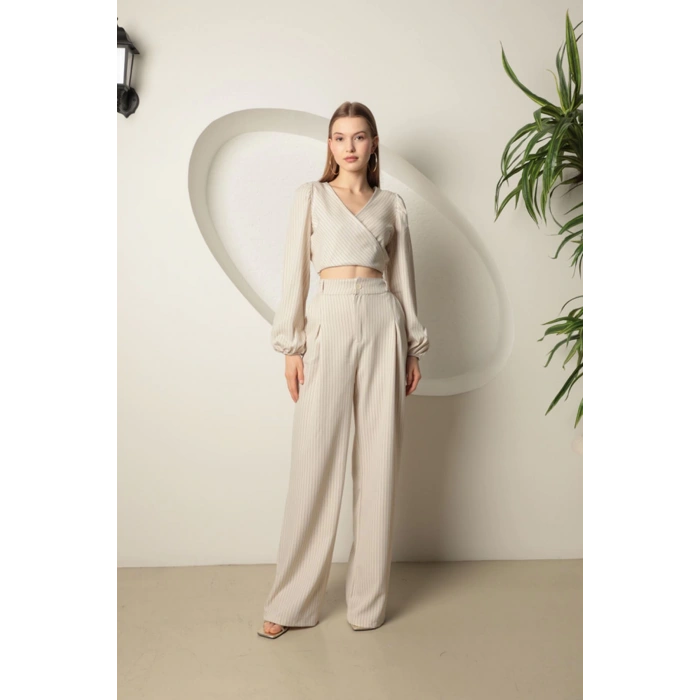 Babua Çizgili Anvelop Bluz Bol Paça Pantolon Takım-Bej