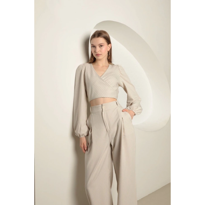 Babua Çizgili Anvelop Bluz Bol Paça Pantolon Takım-Bej