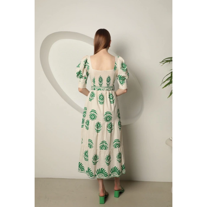 Babua Keten Kumaş Gipeli Kadın Elbise - Yeşil