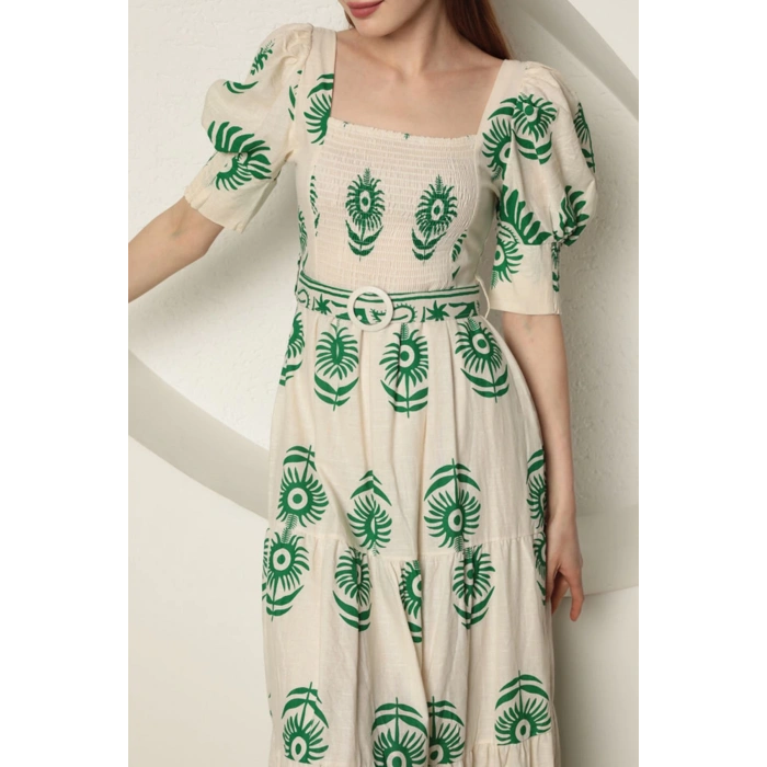 Babua Keten Kumaş Gipeli Kadın Elbise - Yeşil