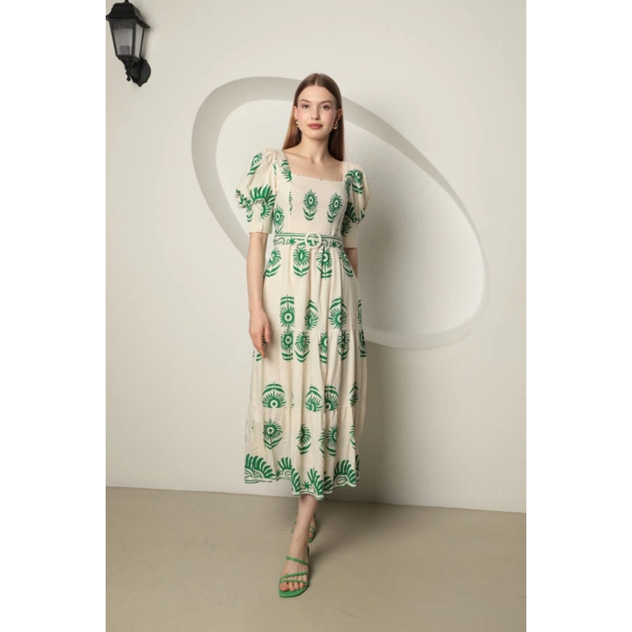 Babua Keten Kumaş Gipeli Kadın Elbise - Yeşil