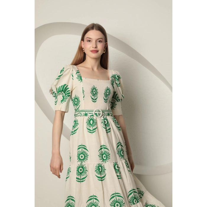 Babua Keten Kumaş Gipeli Kadın Elbise - Yeşil