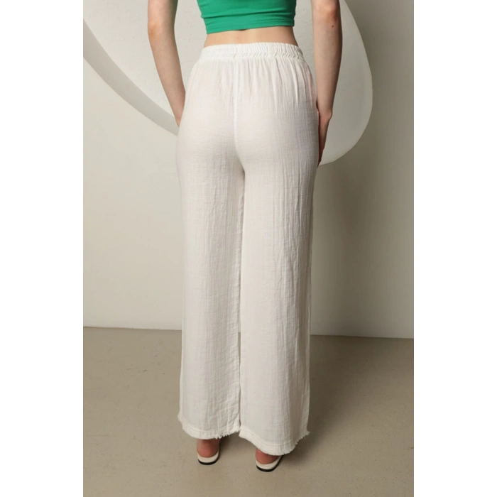 Babua Müslin Kumaş Bol Paça Kadın Pantolon - Ekru