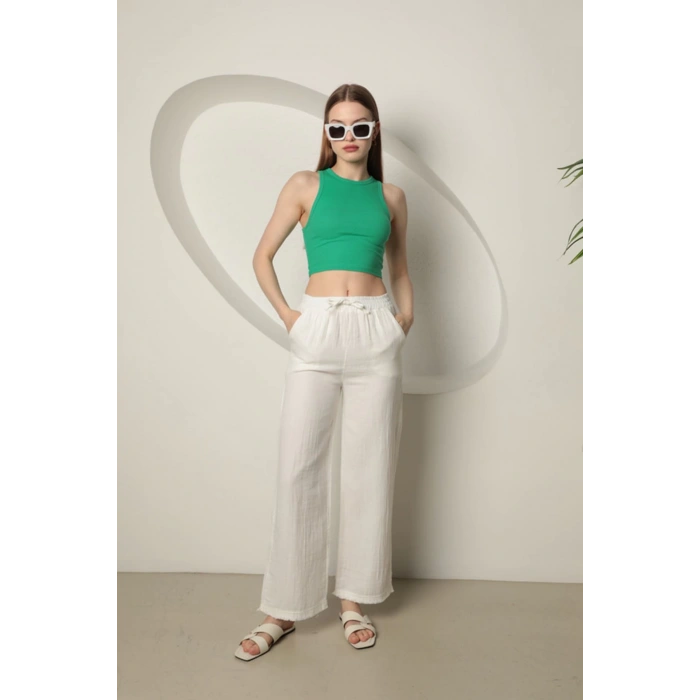 Babua Müslin Kumaş Bol Paça Kadın Pantolon - Ekru
