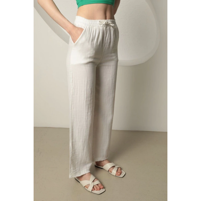 Babua Müslin Kumaş Bol Paça Kadın Pantolon - Ekru
