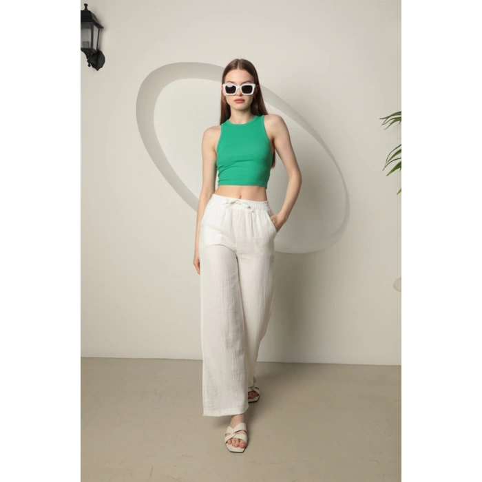 Babua Müslin Kumaş Bol Paça Kadın Pantolon - Ekru