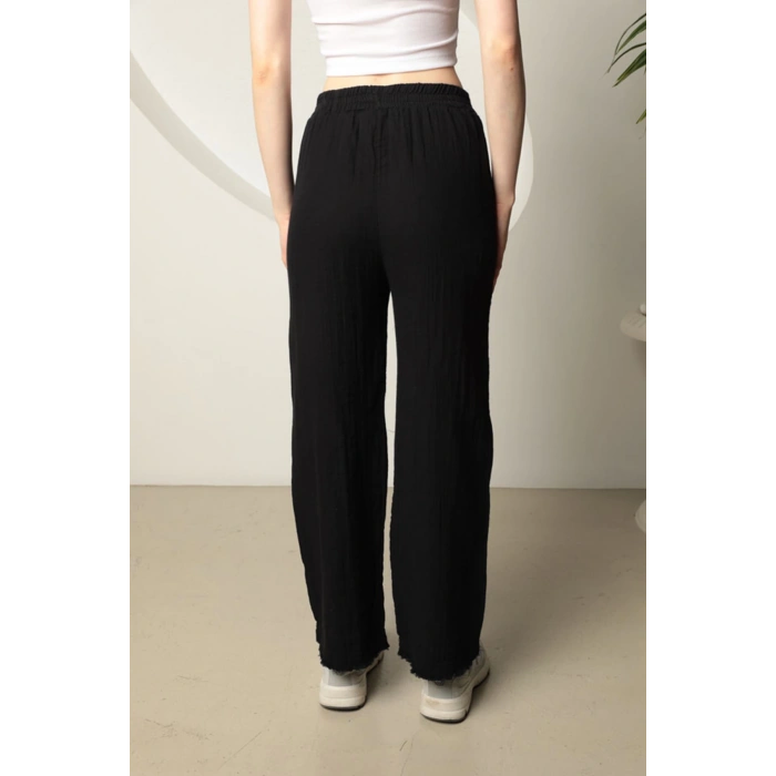 Babua Müslin Kumaş Bol Paça Kadın Pantolon-Siyah